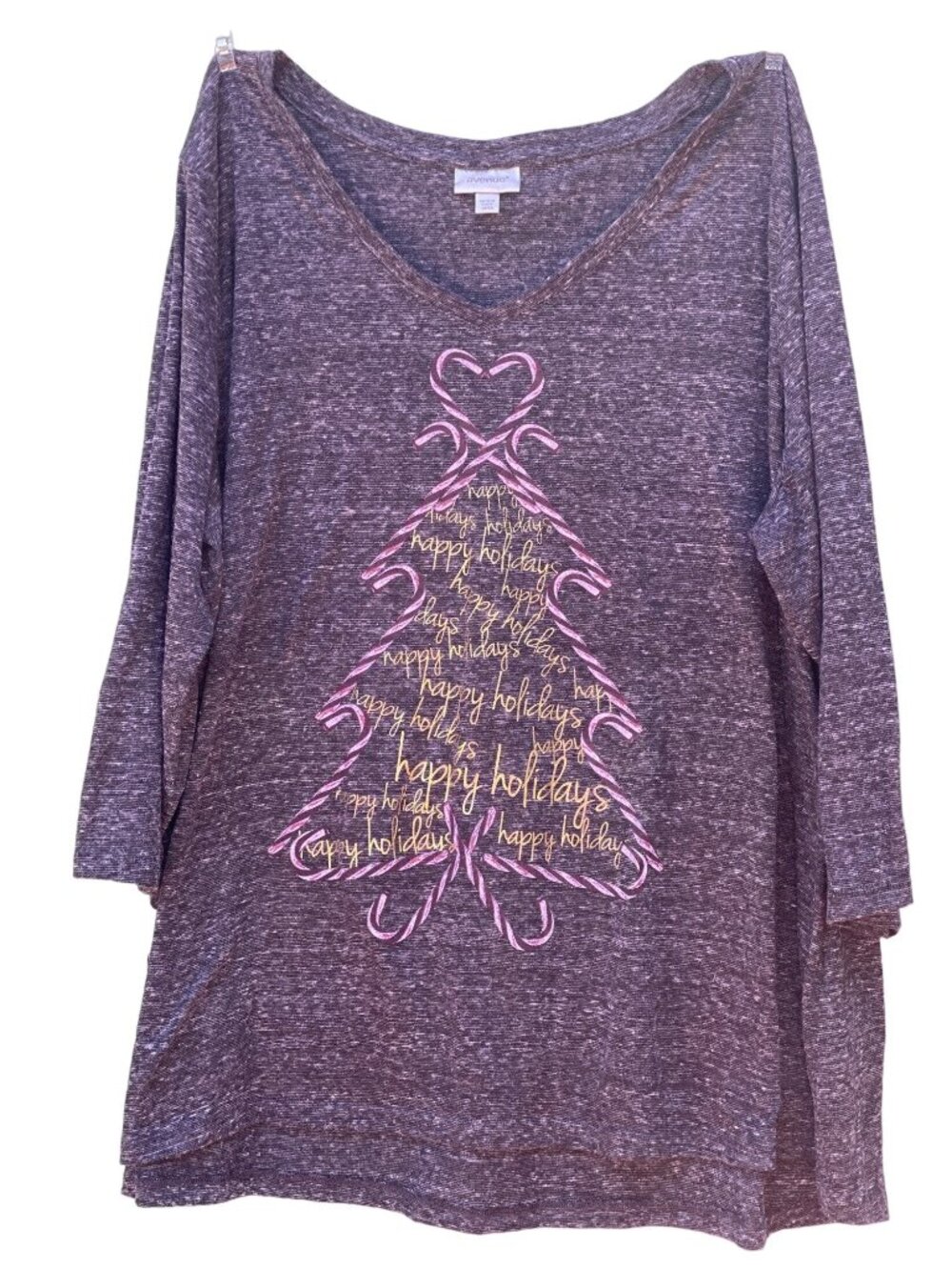 Women Avenue Black Purple Candy Cane Christmas Tree Gold  3/4 Sleeve Top  18 20